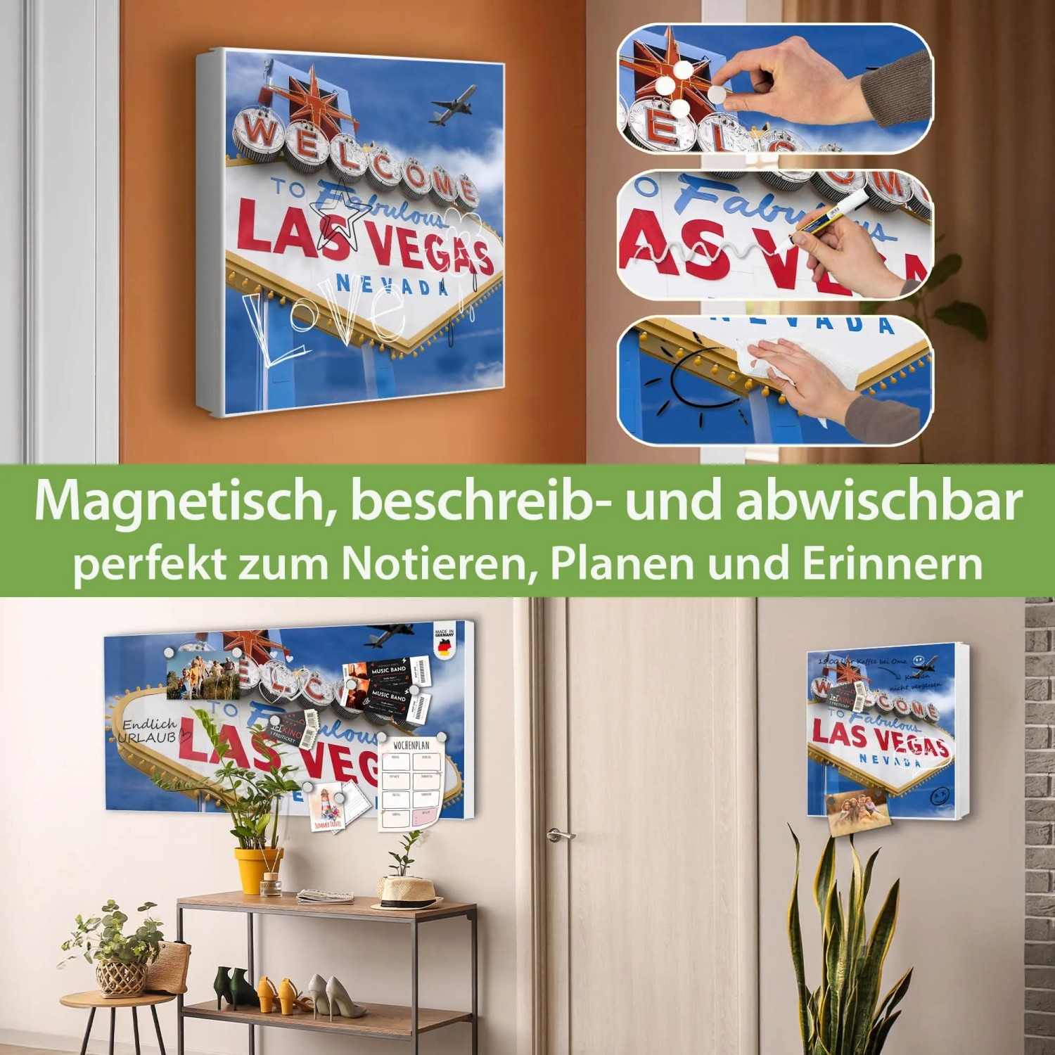 Banjado Großer Schlüsselkasten Metall 30x30cm Weiß Scharnier Links 50 Haken Beschreibbar Magnetisch Motiv Las Vegas
