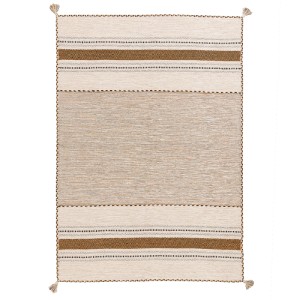 Handgewebter Kelim Teppich Navarro Curry 70x140cm mit Fransen, geeignet für Fußbodenheizung.