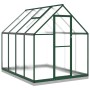 Grünes vidaXL Gewächshaus mit Aluminiumrahmen, transparenten Polycarbonatplatten, Fundamentrahmen und Lüftungsfenster.