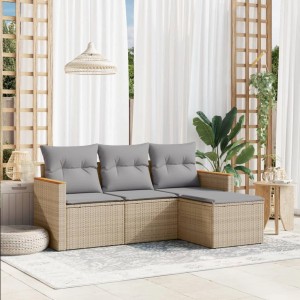 Beige 4-tlg. Garten-Sofagarnitur aus Rattan mit hellgrauen Kissen. Modulare Gartenmöbel für Terrasse und Garten.