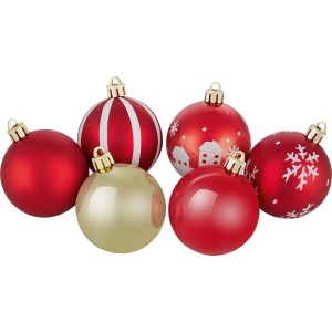 Weihnachtskugeln Set, rot/grau, 6cm, Kunststoff, mit Streifen, Häusern und Schneeflocken.