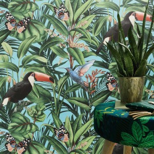 Bunte Dschungel Tapete mit tropischem Motiv, ideal fürs Wohnzimmer. Mit Tukanen, Kolibri und Schmetterlingen.