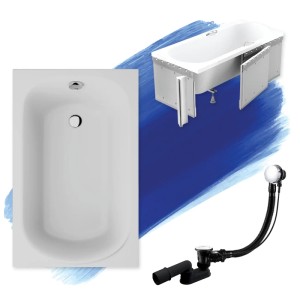 Weißes Rechteck-Badewannen-Set MINI 110x70: Acryl-Wanne, Styroporverkleidung, Ablauf und Füße.