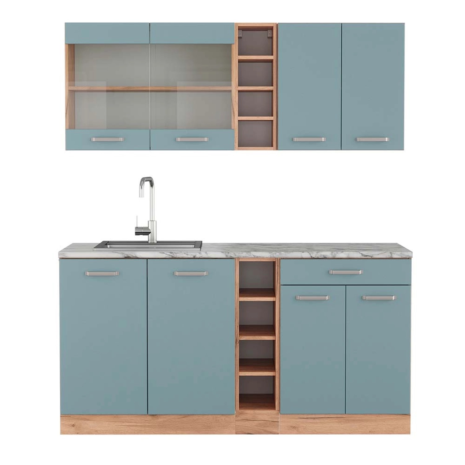 Vicco R-Line Singleküche Blau-Grau/Goldkraft Eiche 160 cm AP Marmor günstig online kaufen
