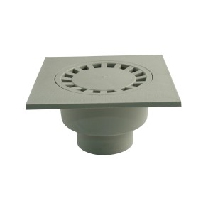 Marley Hofablauf DN 110 aus Kunststoff mit quadratischem Rost und senkrechtem Anschluss.