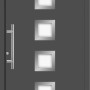 Moderne anthrazitfarbene Aluminium Haustür mit Edelstahlgriff und quadratischen Glaseinsätzen.