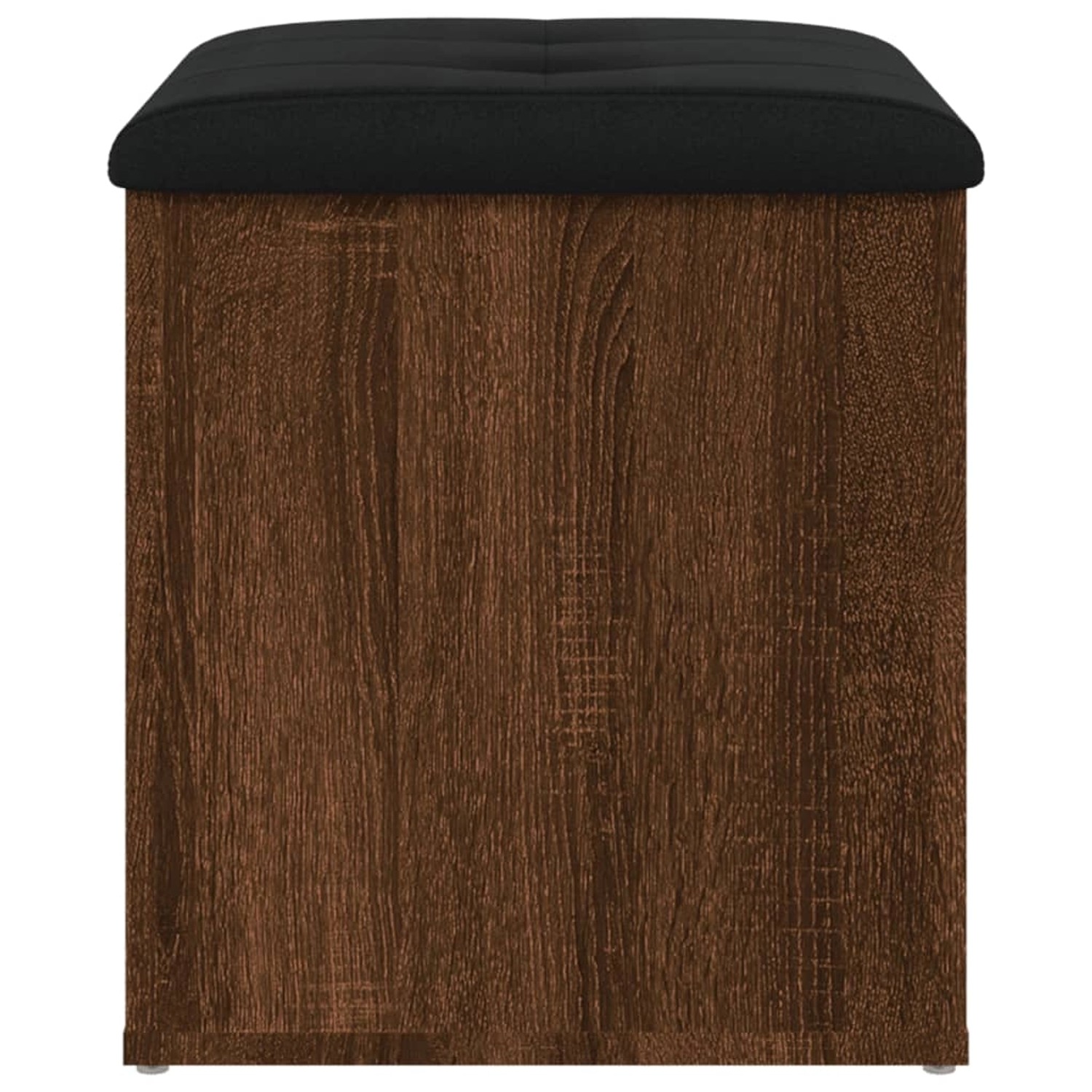 Sitzbank mit Stauraum, braune Eiche mit schwarzem Kissen, 42x42x45 cm, Holzwerkstoff.