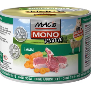 Mac's Katzen-Nassfutter Mono Sensitive Lamm mit Karotte, getreidefrei und hoher Fleischanteil.
