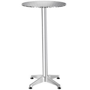 Silberner Aluminium Bistrotisch Frederic mit runder, strukturierter Platte und Kreuzfuß. Wetterfest, 2 Aufbauhöhen.