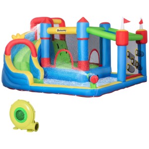 Bunte Outsunny Hüpfburg mit Wasserrutsche, Planschbecken und Gebläse für Spiel & Spaß im Garten.