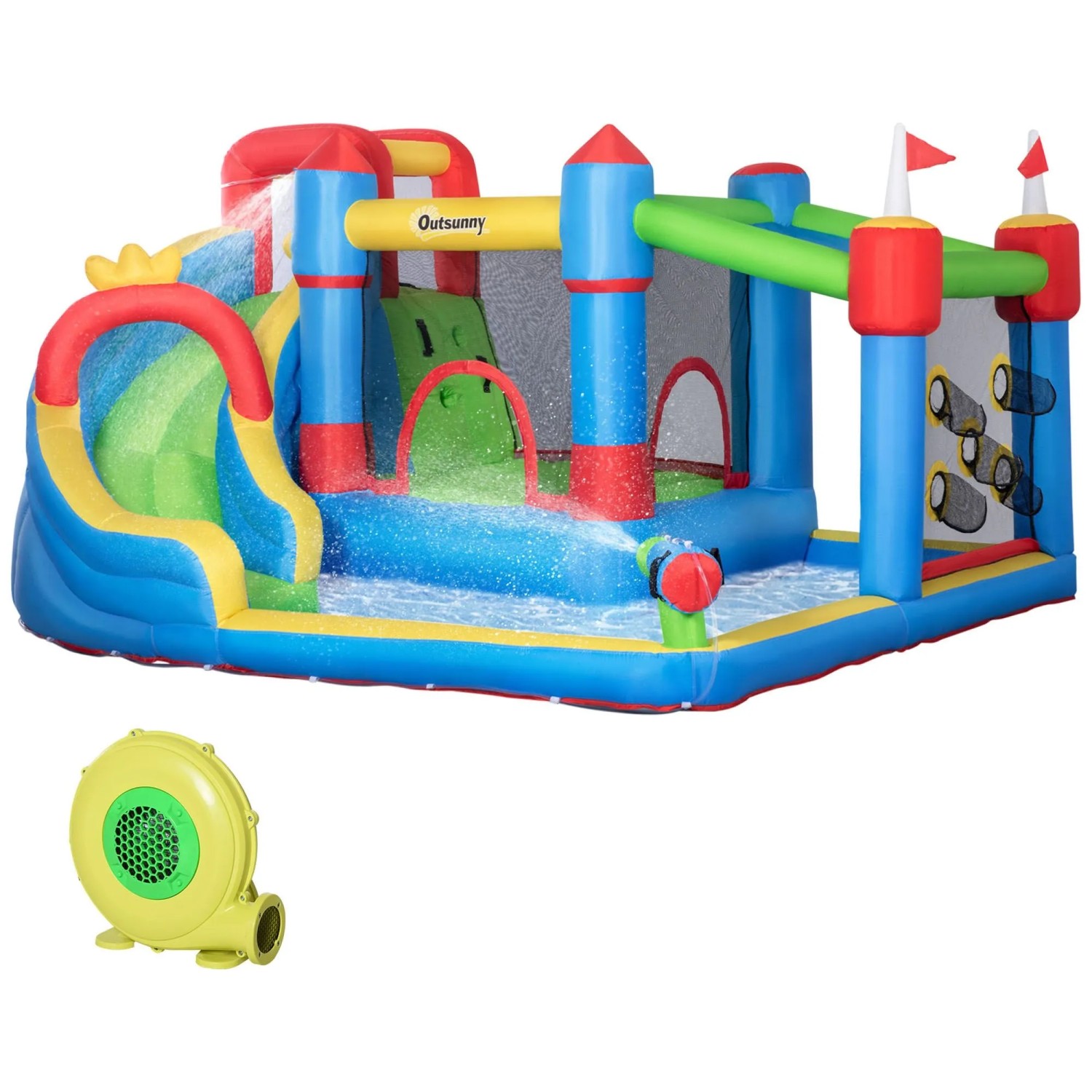 Outsunny Hüpfburg aufblasbare Burg mit Wasserrutsche Planschbecken Kletterwand, (Wasserpark, 1-tlg., Wasserspielcenter), Bunt, 390 x 300 x 197 cm