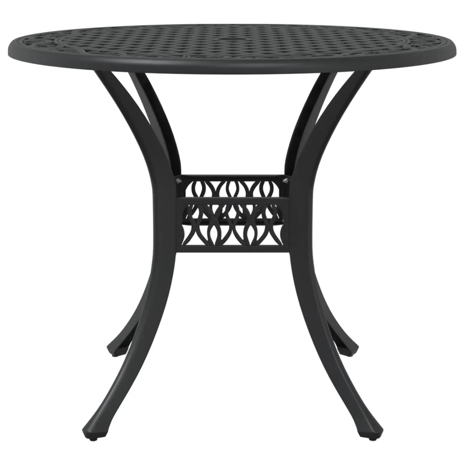 Schwarzer vidaXL Gartentisch aus Aluminiumguss mit geometrischem Muster. Runde Tischplatte, ideal für Garten und Balkon.