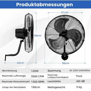 Costway Wandventilator 85° Oszillation & 30° Verstellbare Neigungswinkel Schwarz