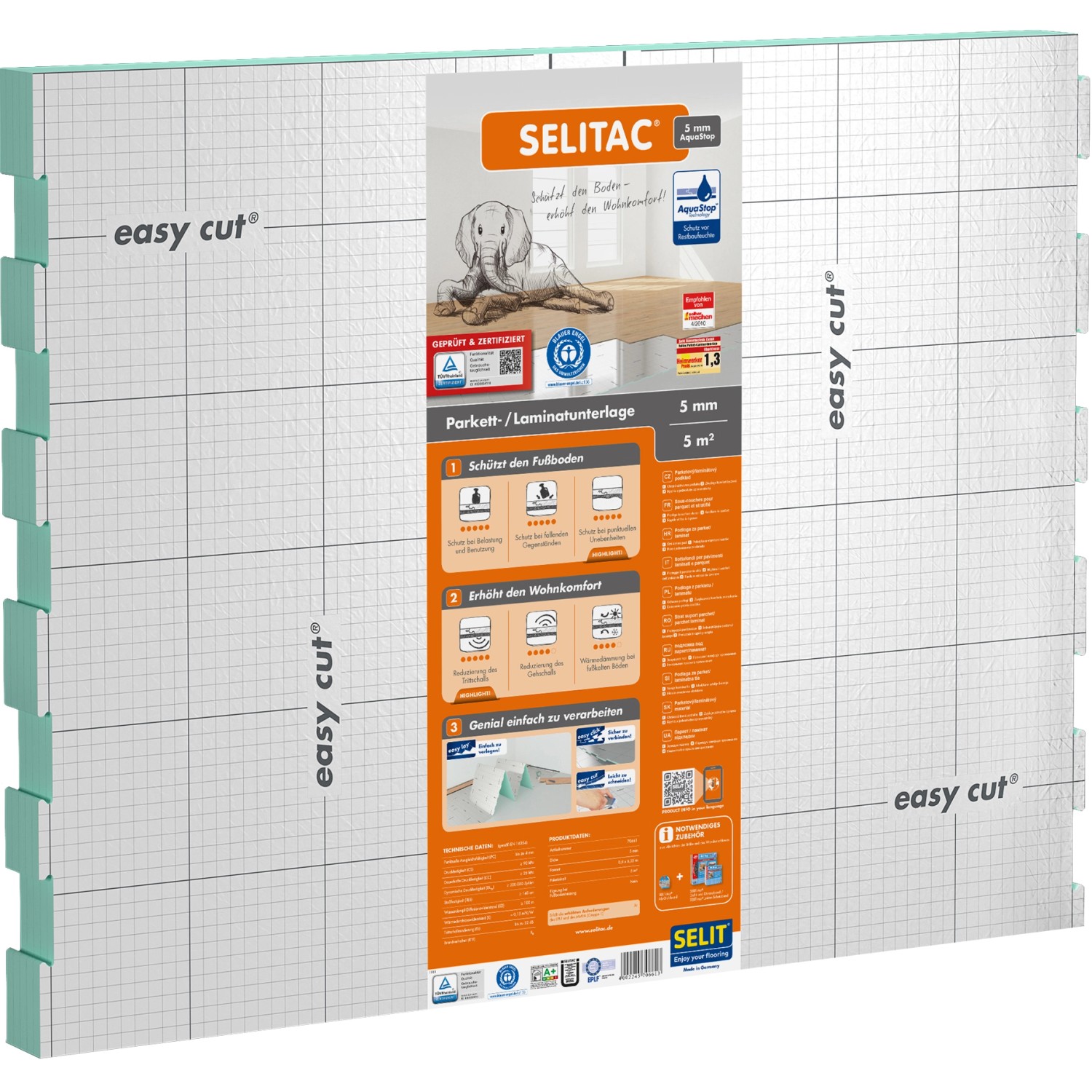 Selitac® Trittschalldämmung für Parkett und Laminat 5 mm 5 m² mit AquaStop