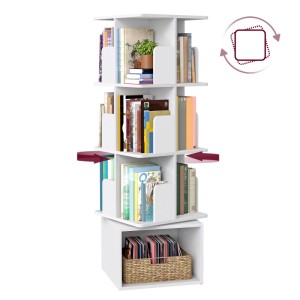 Drehbares, weißes Vasagle Bücherregal mit 4 Ebenen und Fächern für Bücher und Deko.