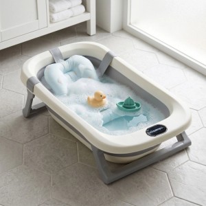 Relaxdays Babybadewanne Kunststoff Cremeweiß Grau Klappbar Rutschfest mit Kissen 20 cm x 78 cm x 50 cm