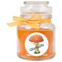 Duftkerze im Glas mit Honigmelone-Orange Duft und "Glückspilz" Motiv.