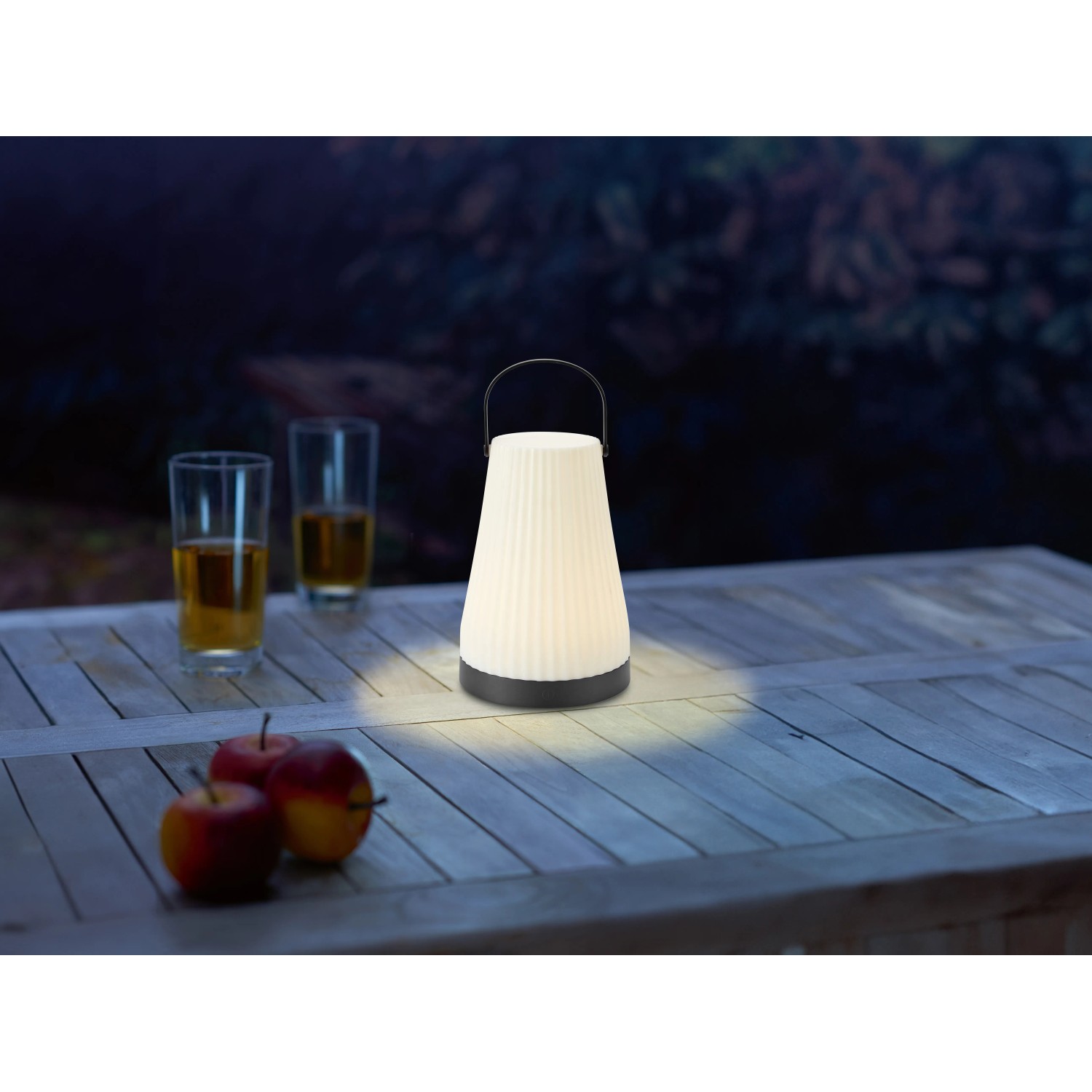 LED-Akku-Tischleuchte Sepino, schwarz-weiß, Ø 13cm, mit Tragehenkel für Innen- und Außenbereich.