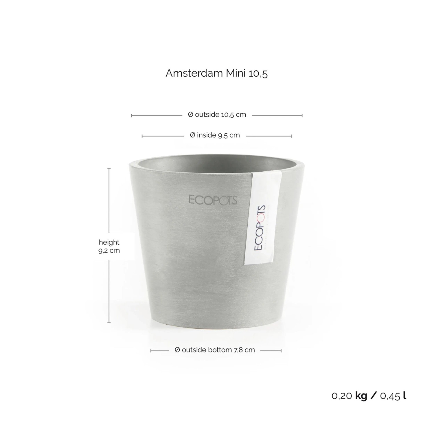 Ecopots Amsterdam Mini Pflanztopf, weißgrau, 10,5 cm. Ideal für Innen- und Außenbereich.