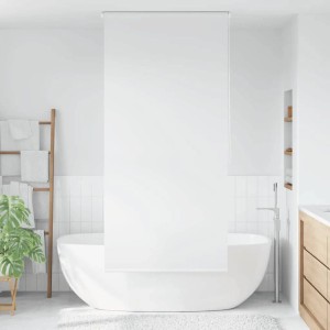 Weißes vidaXL Duschrollo 120x240 cm im Badezimmer, heruntergelassen vor einer Badewanne.