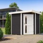 Modernes, anthrazitfarbenes Weka Holz-Gartenhaus mit Flachdach und weißer Tür im Garten.