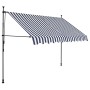 Blaue und weiße gestreifte Einzieh-Markise, 250 cm breit, handbetrieben. Robuster Stahlrahmen für den Außenbereich.