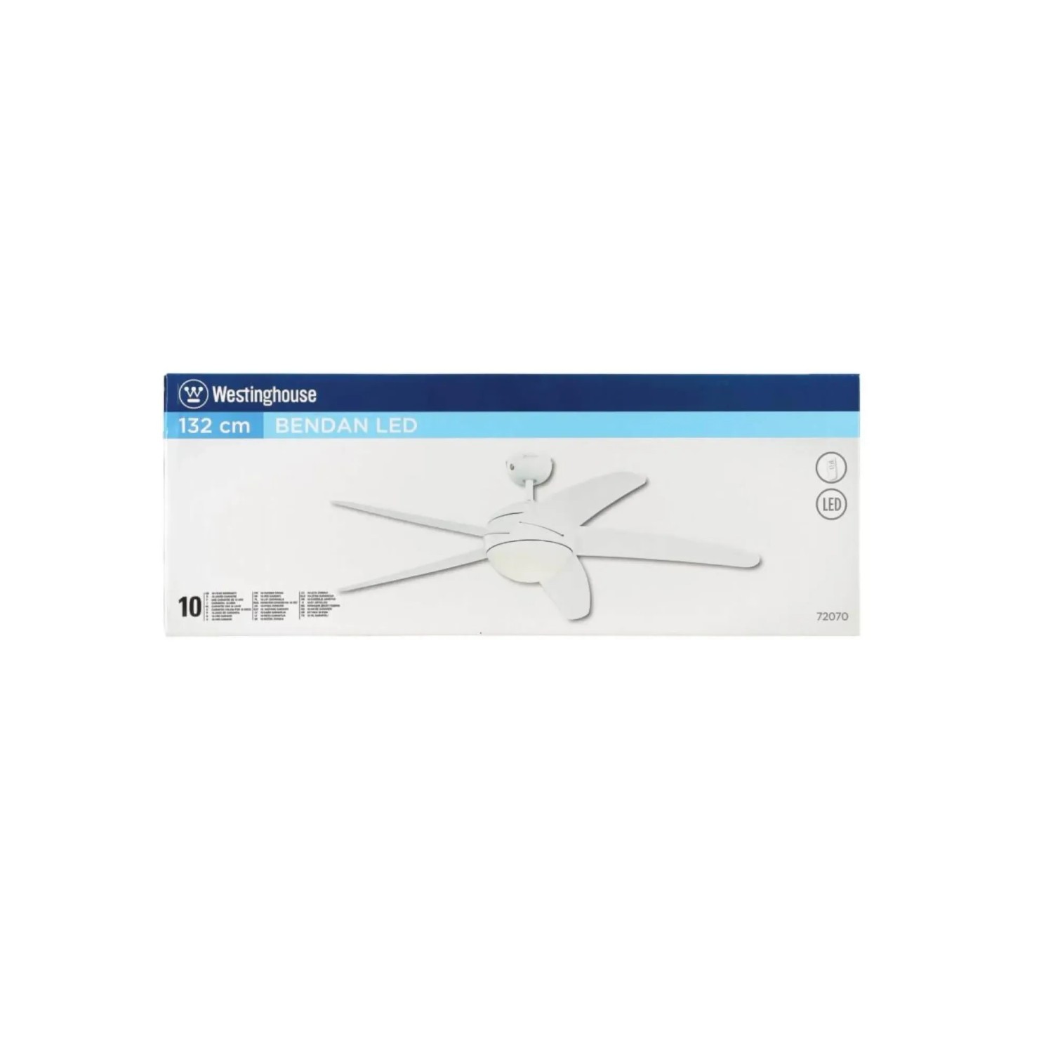 Verpackung des weißen Westinghouse Deckenventilators Bendan mit LED-Beleuchtung und Fernbedienung.