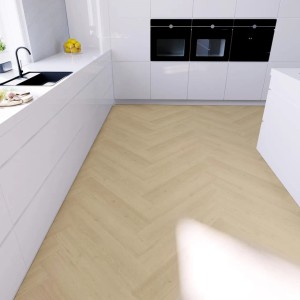 Heller Vinylboden in Fischgrät Eiche Marsala von Anaturo im modernen Küchendesign.