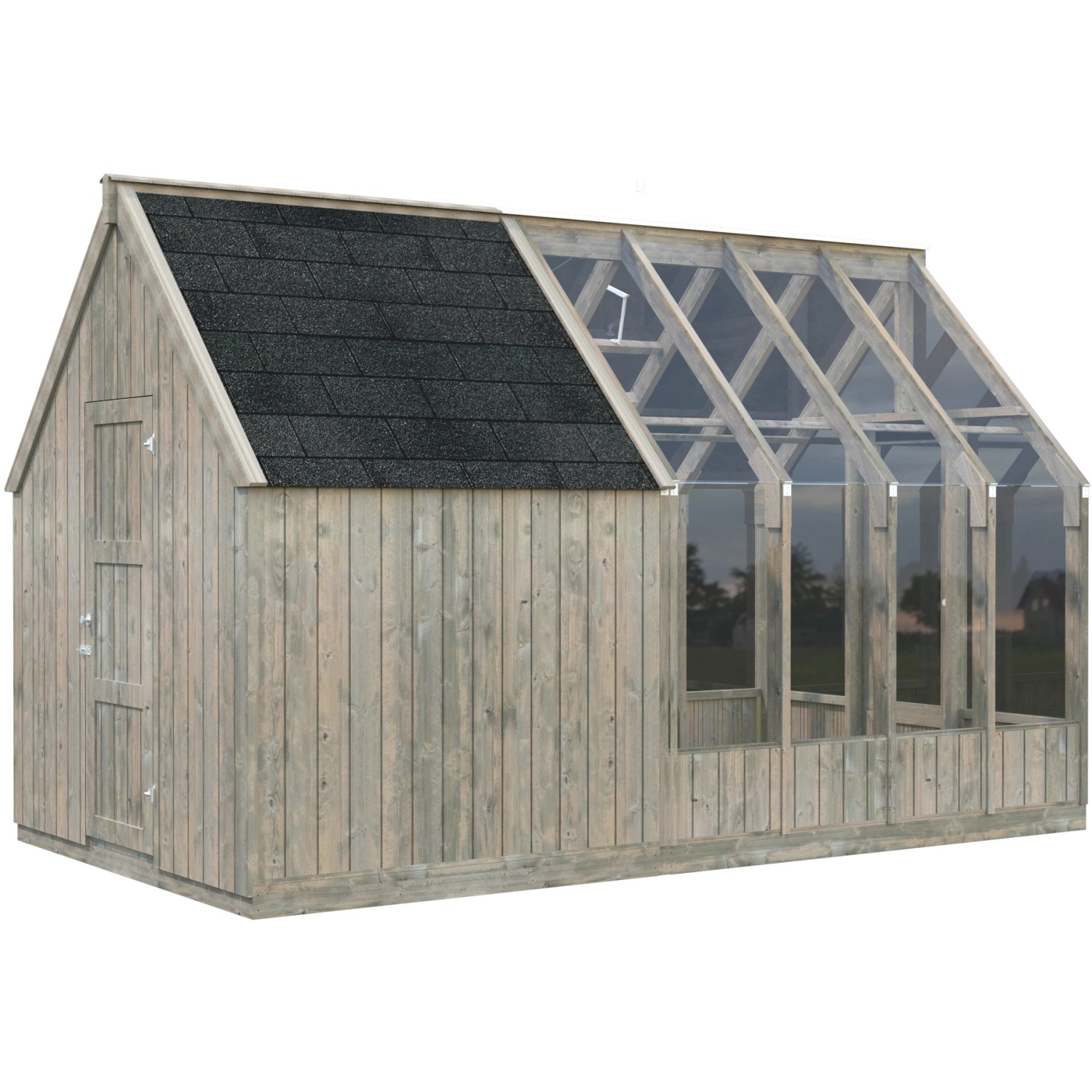 Graues Palmako Gerätehaus Emilia, 4 m², kesseldruckimprägniert, mit Tür und Fensterfront.