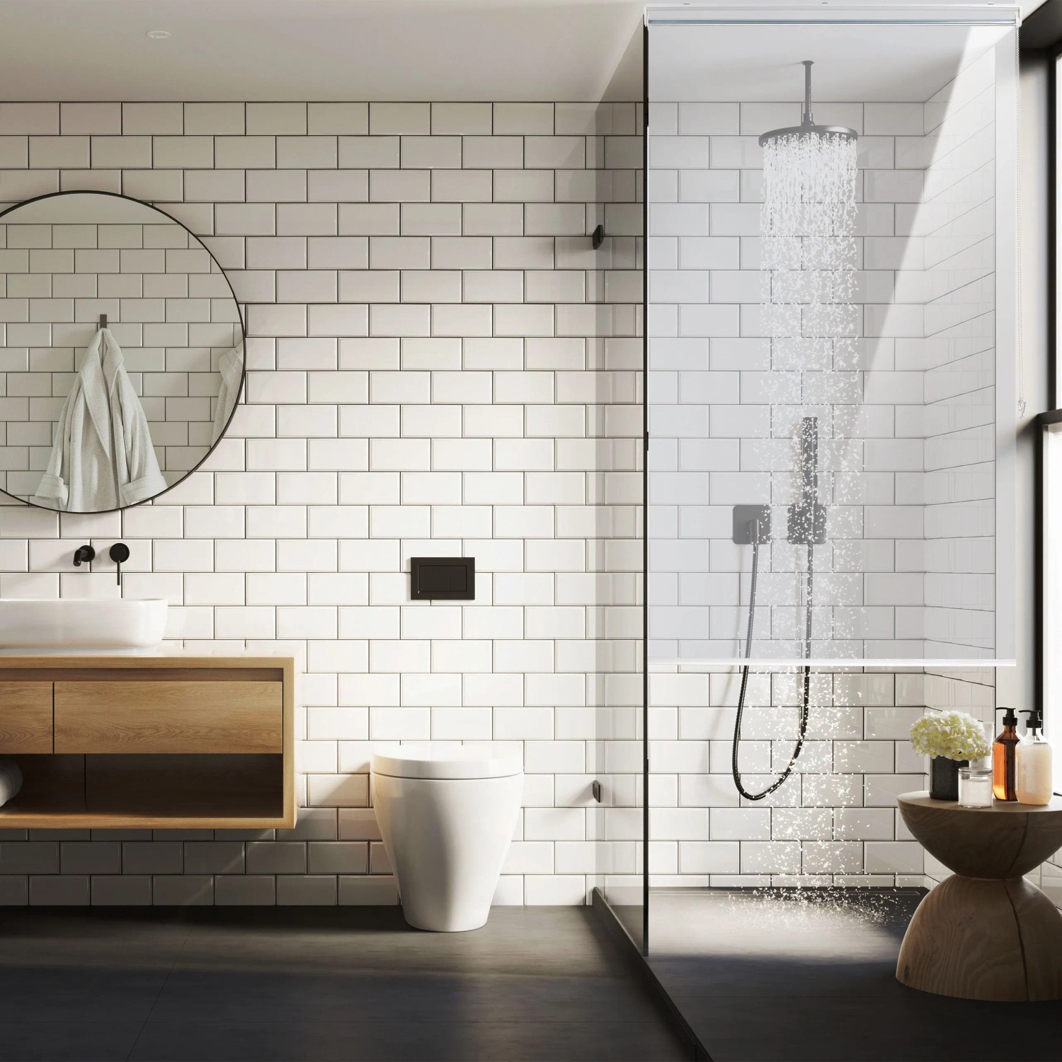 Transparentes Relaxdays Duschrollo aus PVC/Aluminium in moderner Dusche. Wasserabweisender Spritzschutz mit Seilzug.