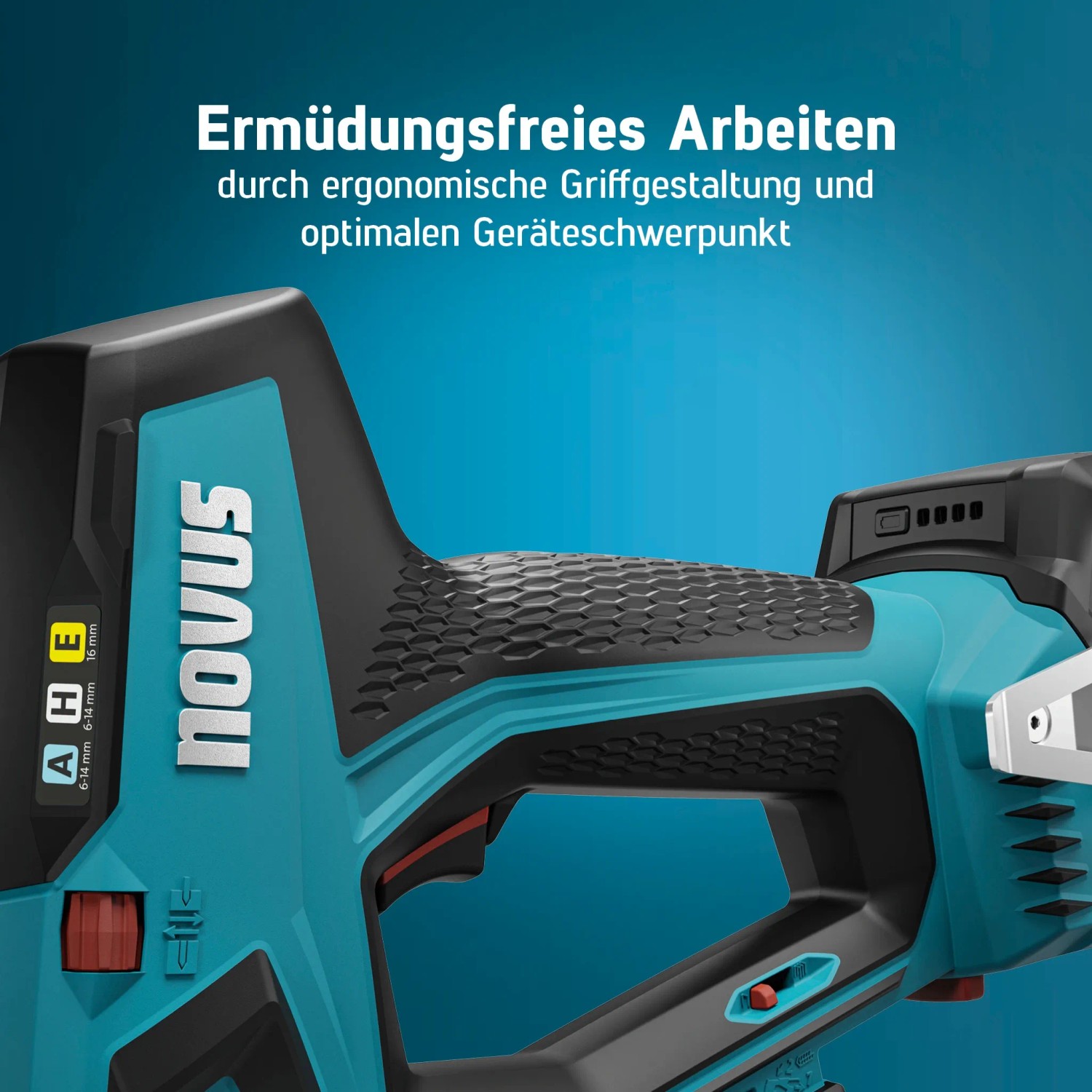 Detailaufnahme: Novus Akkutacker J-550, Tacker für Stoffe, Gewebe und Zierleisten.