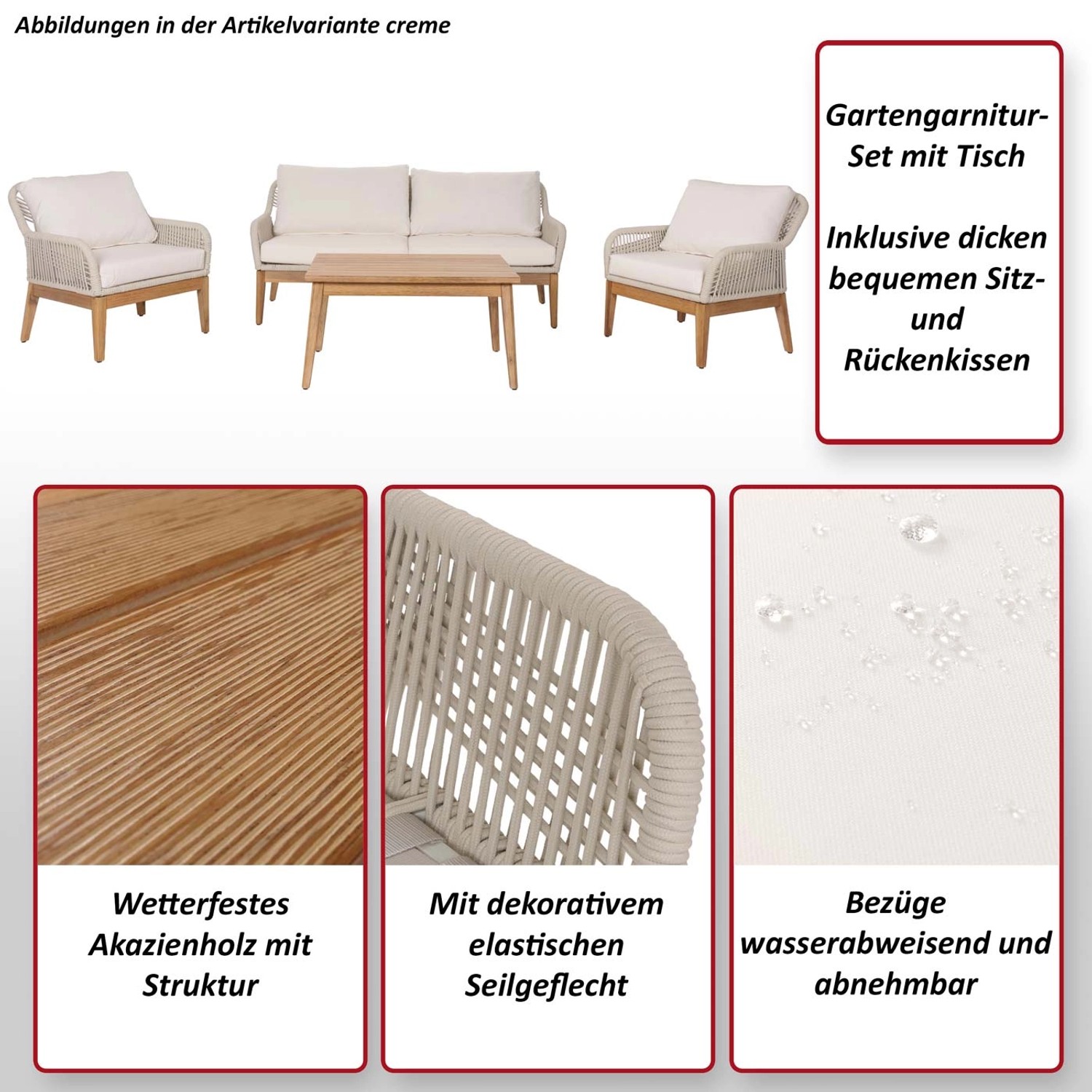 Cremefarbene 4-teilige MCW Gartengarnitur H56b aus Akazienholz mit Tisch und bequemen Kissen.