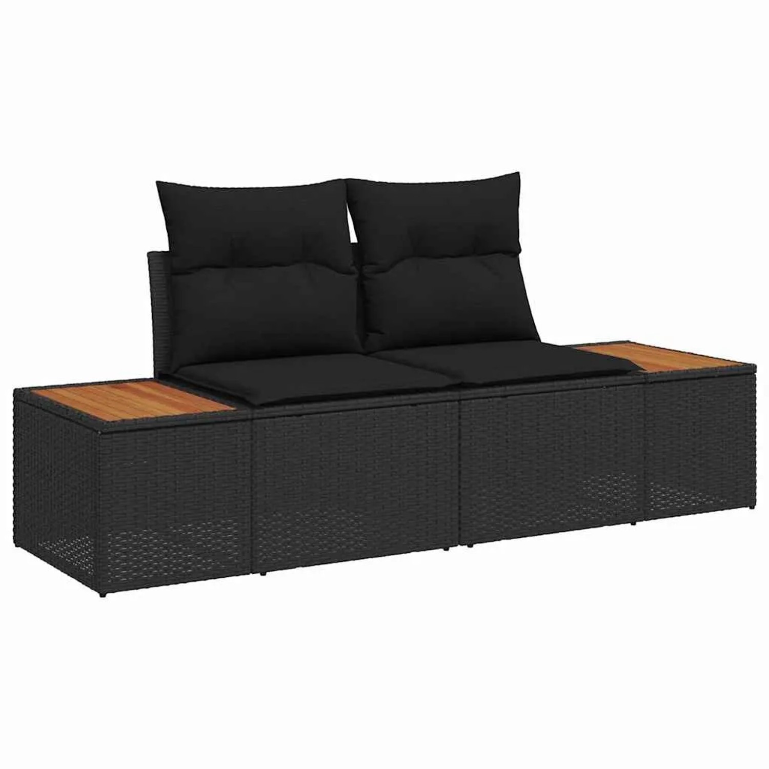 Schwarzes 7-teiliges vidaXL Garten-Sofa-Set aus Poly Rattan mit Kissen.