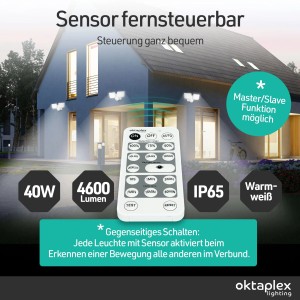 Oktaplex Cali Dos LED Strahler mit Bewegungsmelder und Fernbedienung IP65 Warmweiß mit Master Funktion Weiß