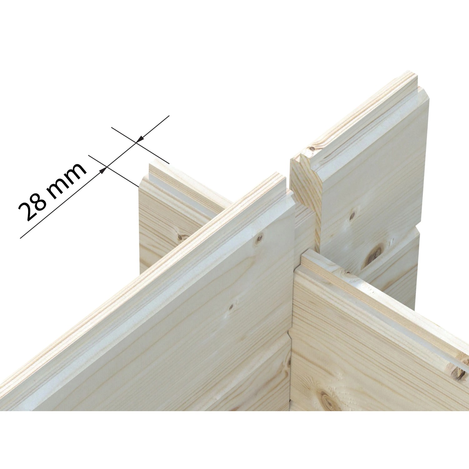 Detailaufnahme: 28 mm Wandstärke beim Palmako Ella Holz-Gartenhaus.