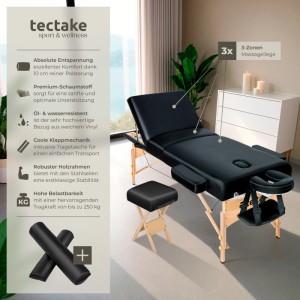 Tectake 3 Zonen Massageliege Set  Breite 70 cm  Polsterung 10 cm Inklusive Hocker  Lagerungsrollen und Tragetasche  218 x 102 x 90 cm Schwarz