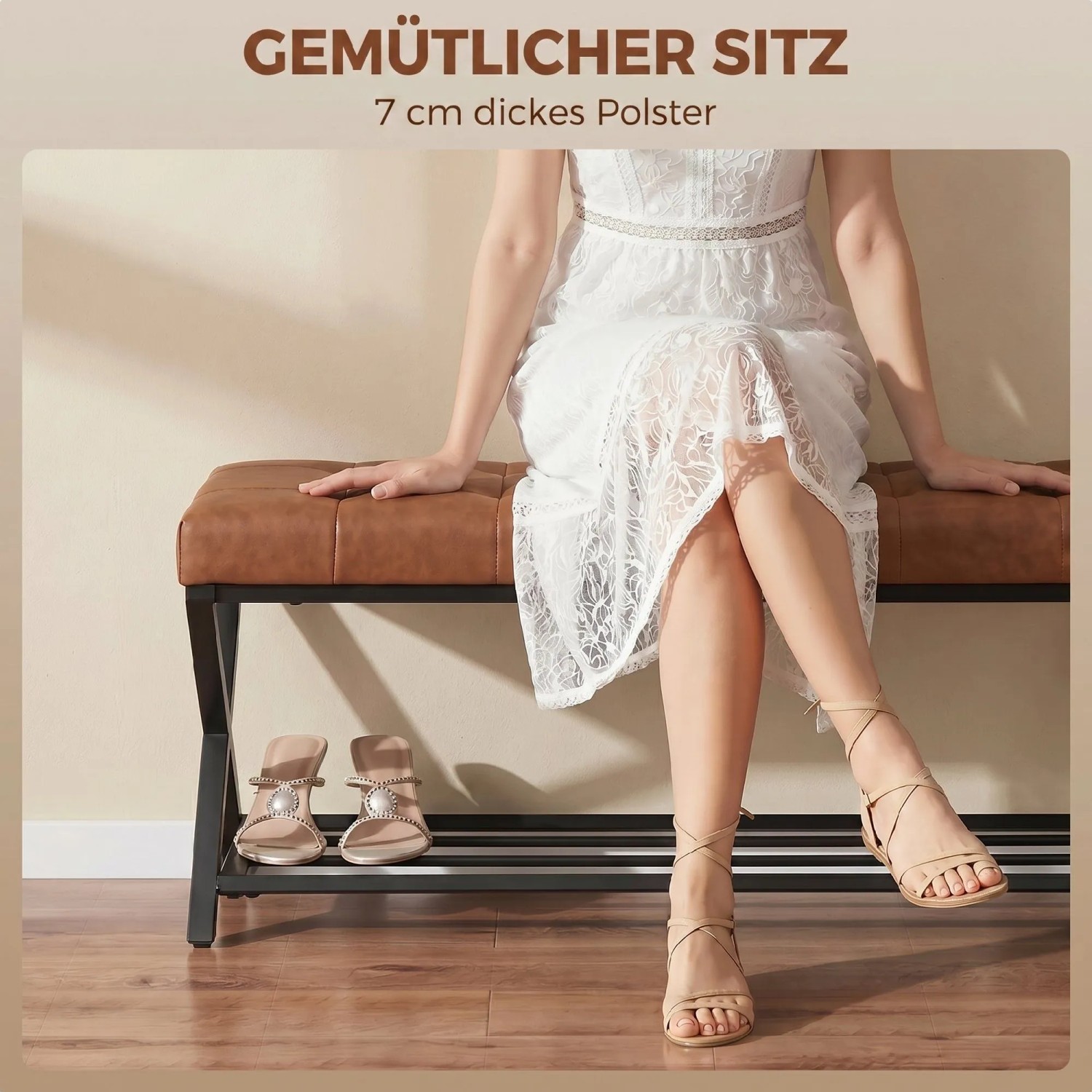 Braune HOMCOM Schuhbank aus Kunstleder mit 7 cm gepolstertem Sitz, schwarzem Stahlrahmen und Schuhregal.