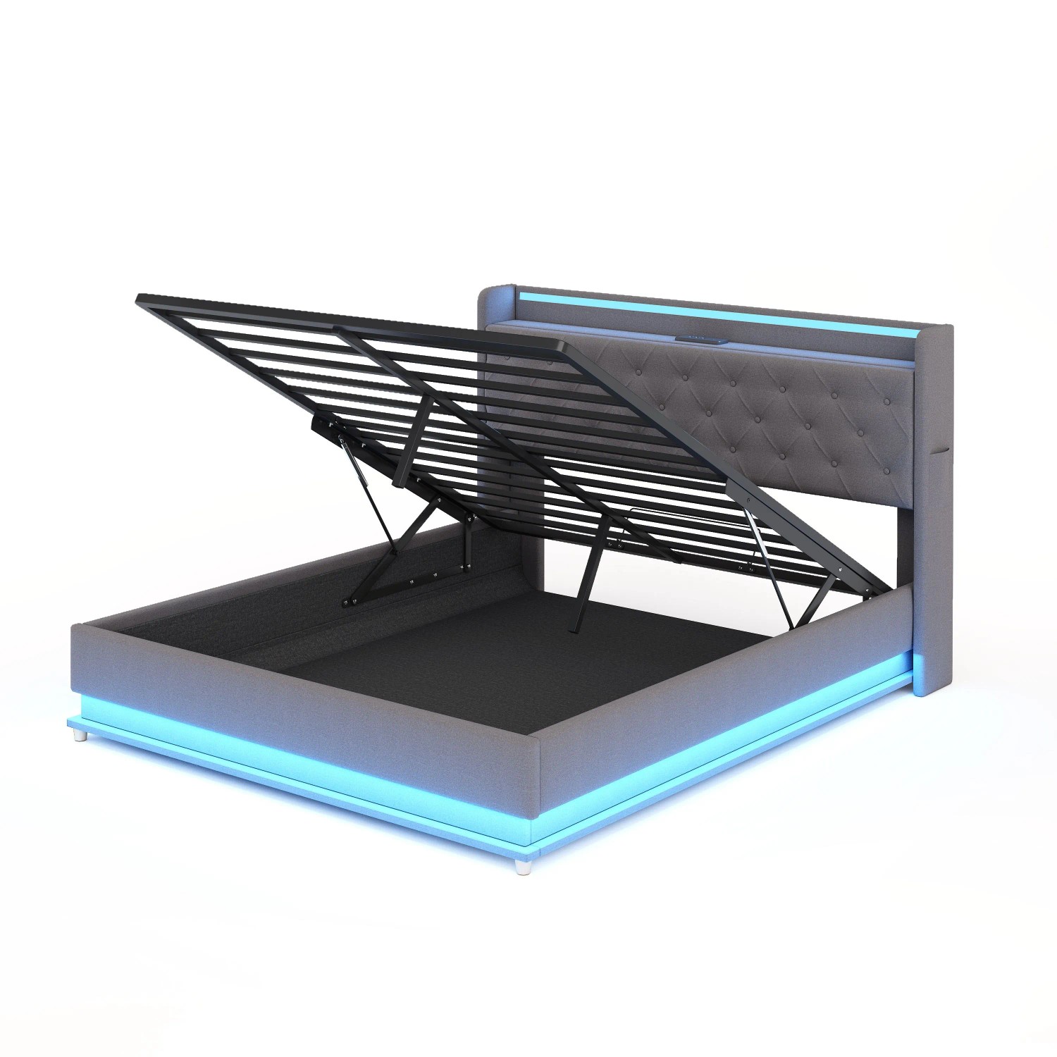 Merax LED Polsterbett 140x200cm USB Hydraulik Leinen Grau