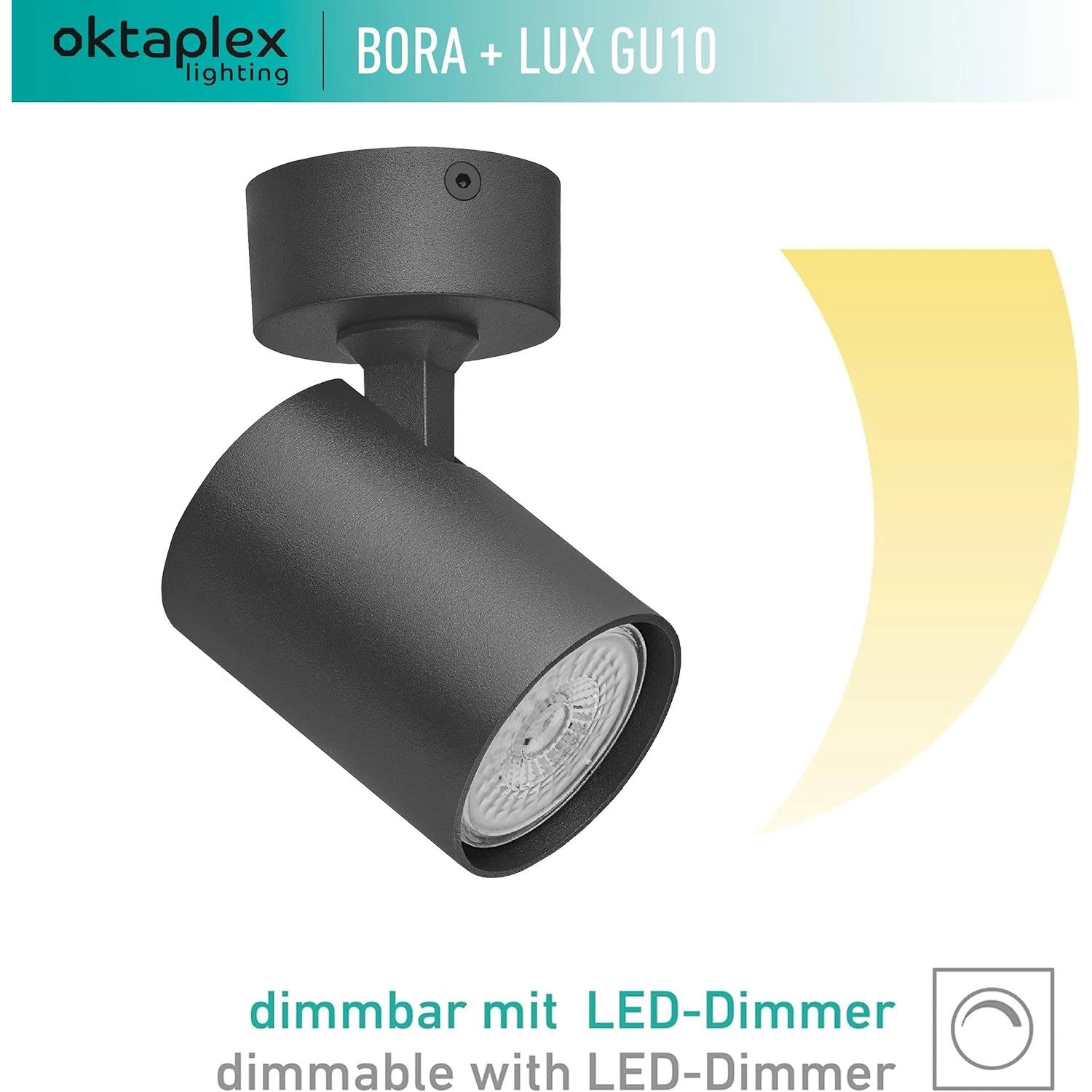 Schwarzer, dimmbarer Oktaplex Bora LED Deckenstrahler mit GU10 Leuchtmittel.