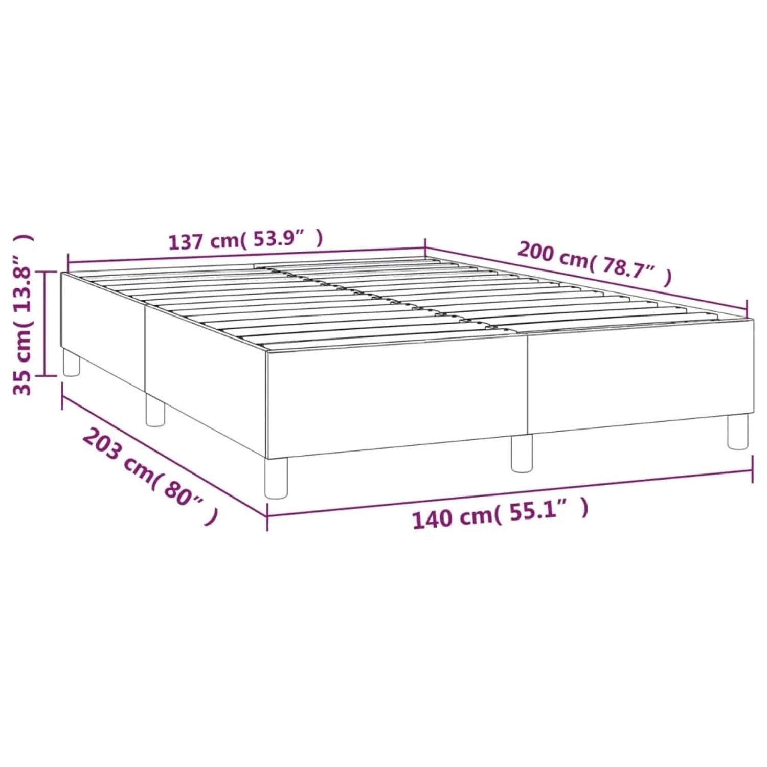 Graues vidaXL Boxspringbett 140x200 cm aus Kunstleder, Bettrahmen mit Lattenrost und Füßen.