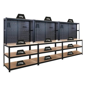 PROREGAL Werkbank Set mit Lochwand, 180x120x60cm, schwarz. Werkstatteinrichtung für Profis.