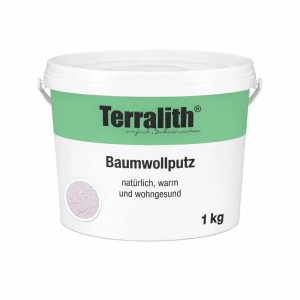 Terralith Baumwollputz Flüssigtapete BWP, 1 kg Eimer. Grünes Etikett, lilafarbenes Muster. Dekorativer Innenputz.