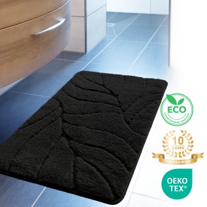 Schwarze Karat Badematte Maris mit Blattstruktur, 40x60 cm. Badvorleger/Badteppich für Badezimmer.