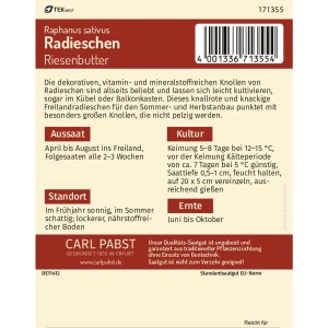 Saatguttütchen Pabst Keimkraft Radieschen Riesenbutter, rote, runde Radieschen für ca. 250 Pflanzen.