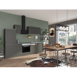 Moderne OPTIFIT Madrid420 Küchenzeile in Anthrazit mit E-Geräten, 270 cm breit.