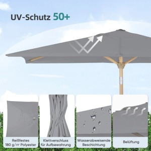 Rechteckiger, knickbarer Sekey Sonnenschirm in Holzoptik, 210x140 cm, mit UV-Schutz 50+.