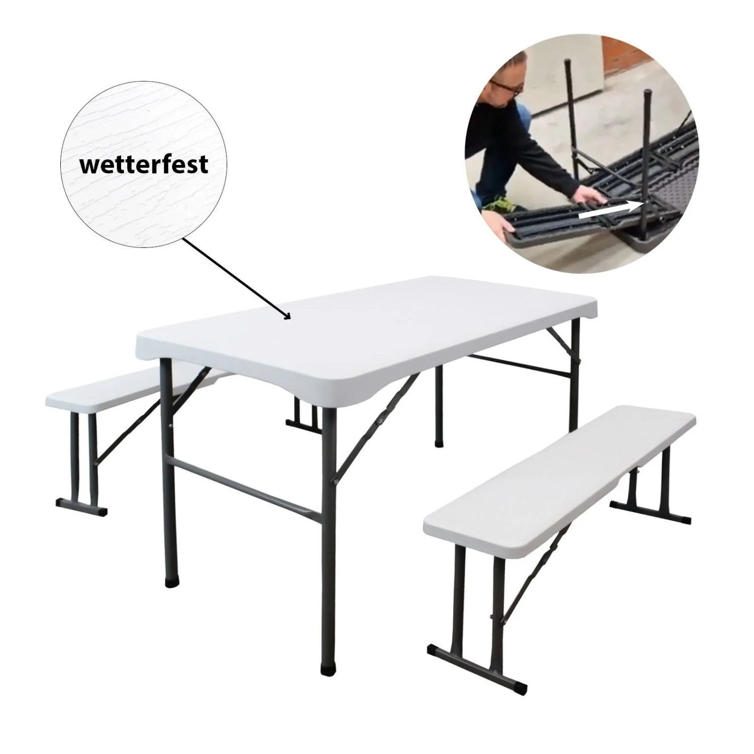 TRUTZHOLM Bierzeltgarnitur 3 Teilig Klappbar Länge 107cm Gartenmöbel Weiß