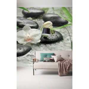 Komar Vlies Fototapete Pure mit Orchidee, Steinen und Wasserfall, 300x250 cm.
