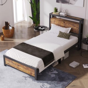 Merax Metallbett 90x200cm mit schwarzem Rahmen, rustikalem Holzdekor und Stauraum-Kopfteil für Schlafzimmer.
