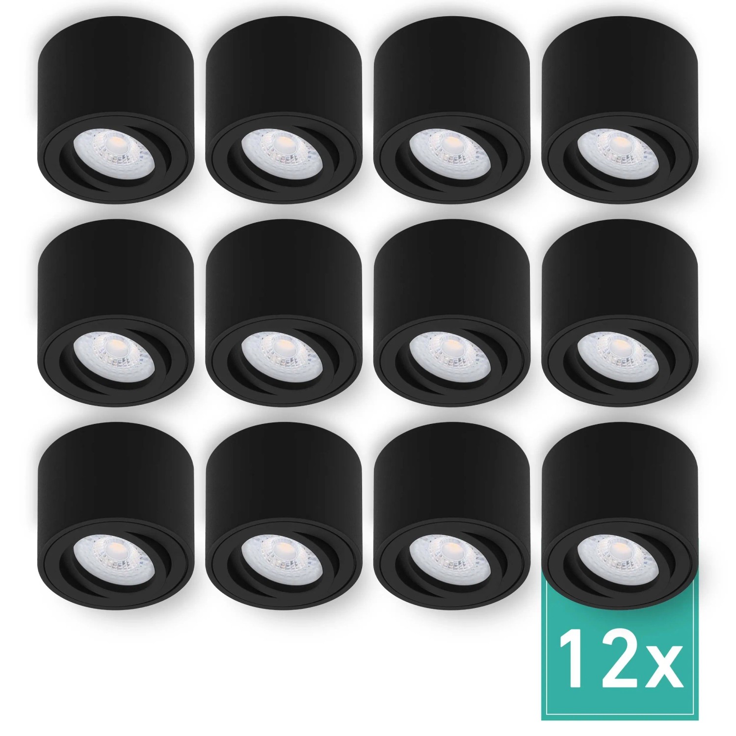 Oktaplex Lile S 12er Set LED-Aufbaustrahler Dimmbar Schwenkbar Schwarz 4,9W Warmweiß 2700K 230V Aufbauspots Alu-Gehäuse
